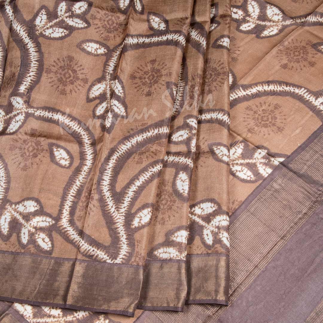 Pure Tussar Brown Saree With Leaf Design