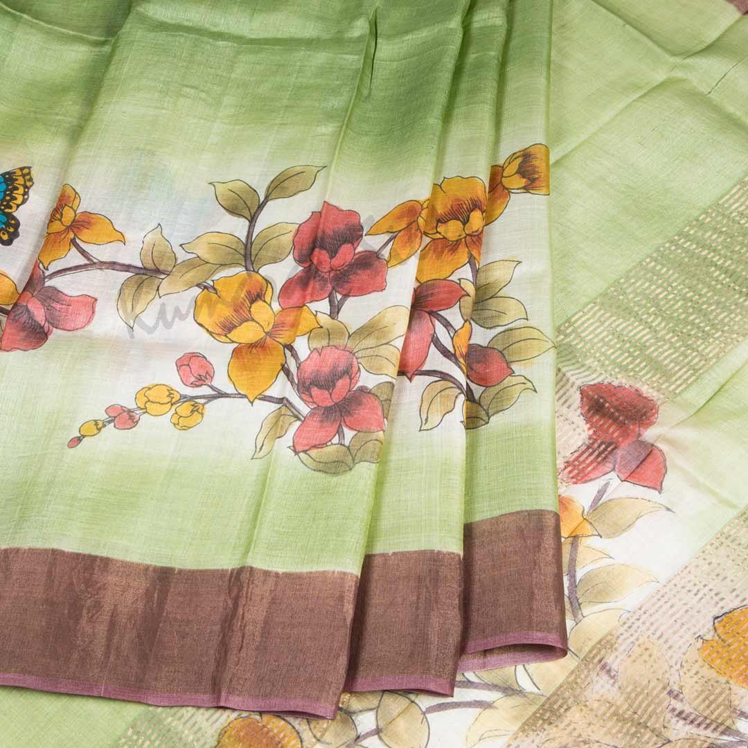 Pure Tussar Light Green Saree With Floral Motif 02