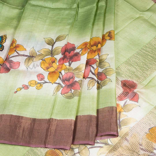 Pure Tussar Light Green Saree With Floral Motif 02