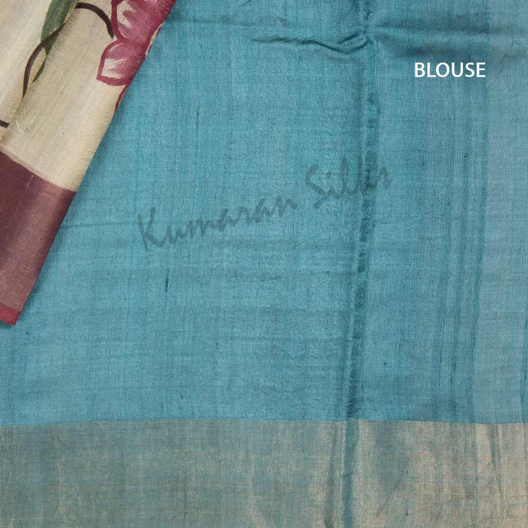 Pure Tussar Peacock Blue Saree With Leaf Design