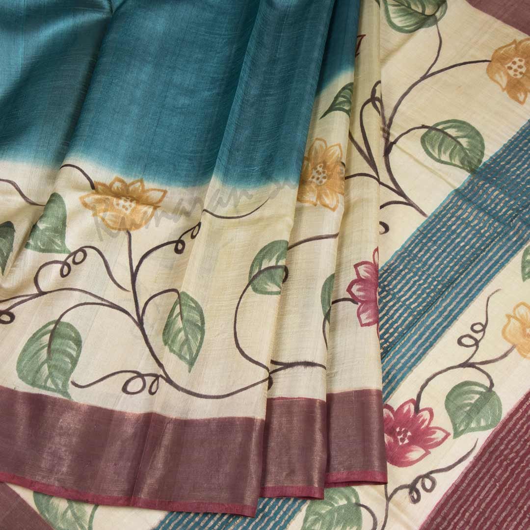 Pure Tussar Peacock Blue Saree With Leaf Design - Kumaran Silks