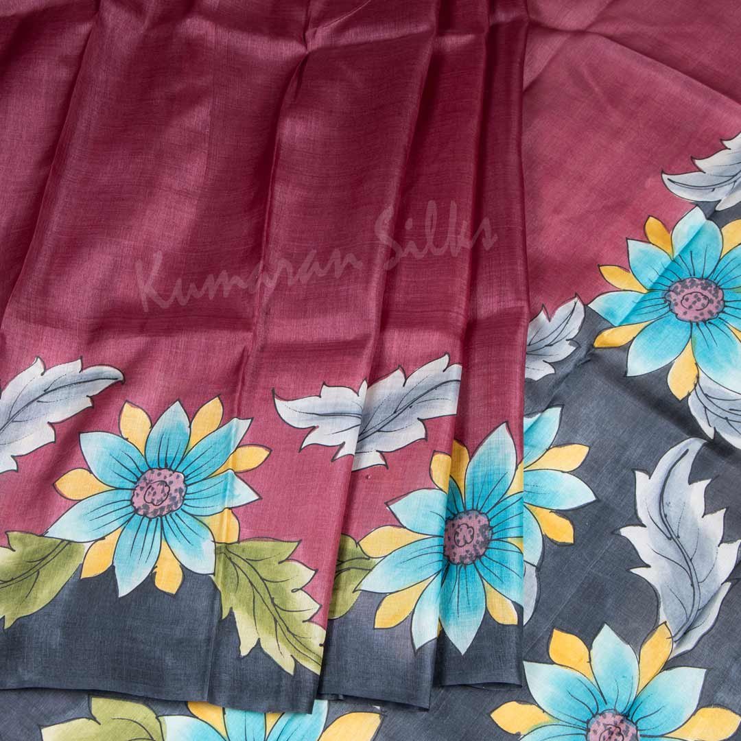 Pure Tussar Wine Plain Saree