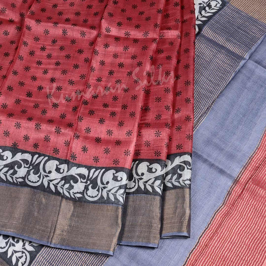 Pure Tussar Red Floral Printed Saree - Kumaran Silks