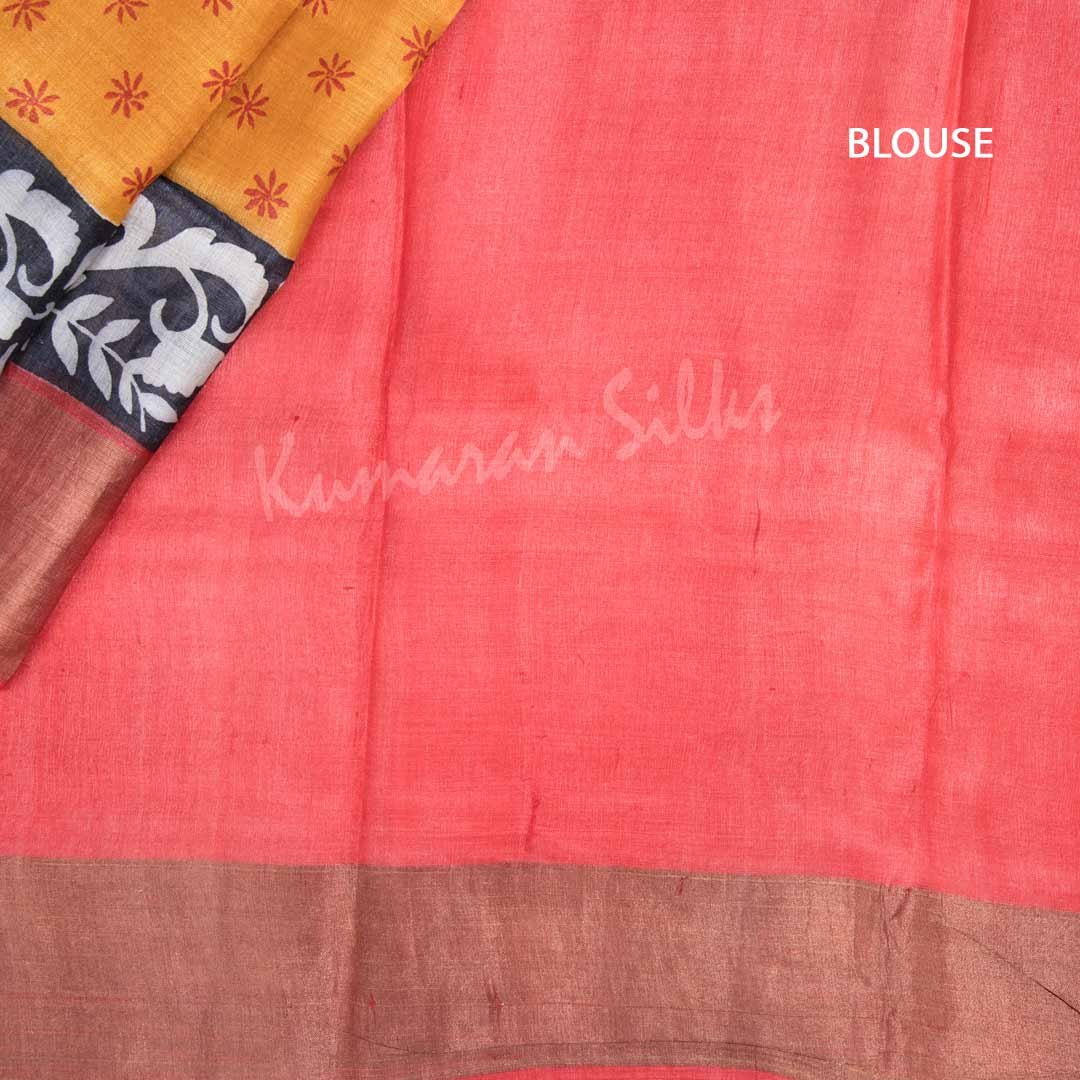 Pure Tussar Mango Yellow Floral Printed Saree 02