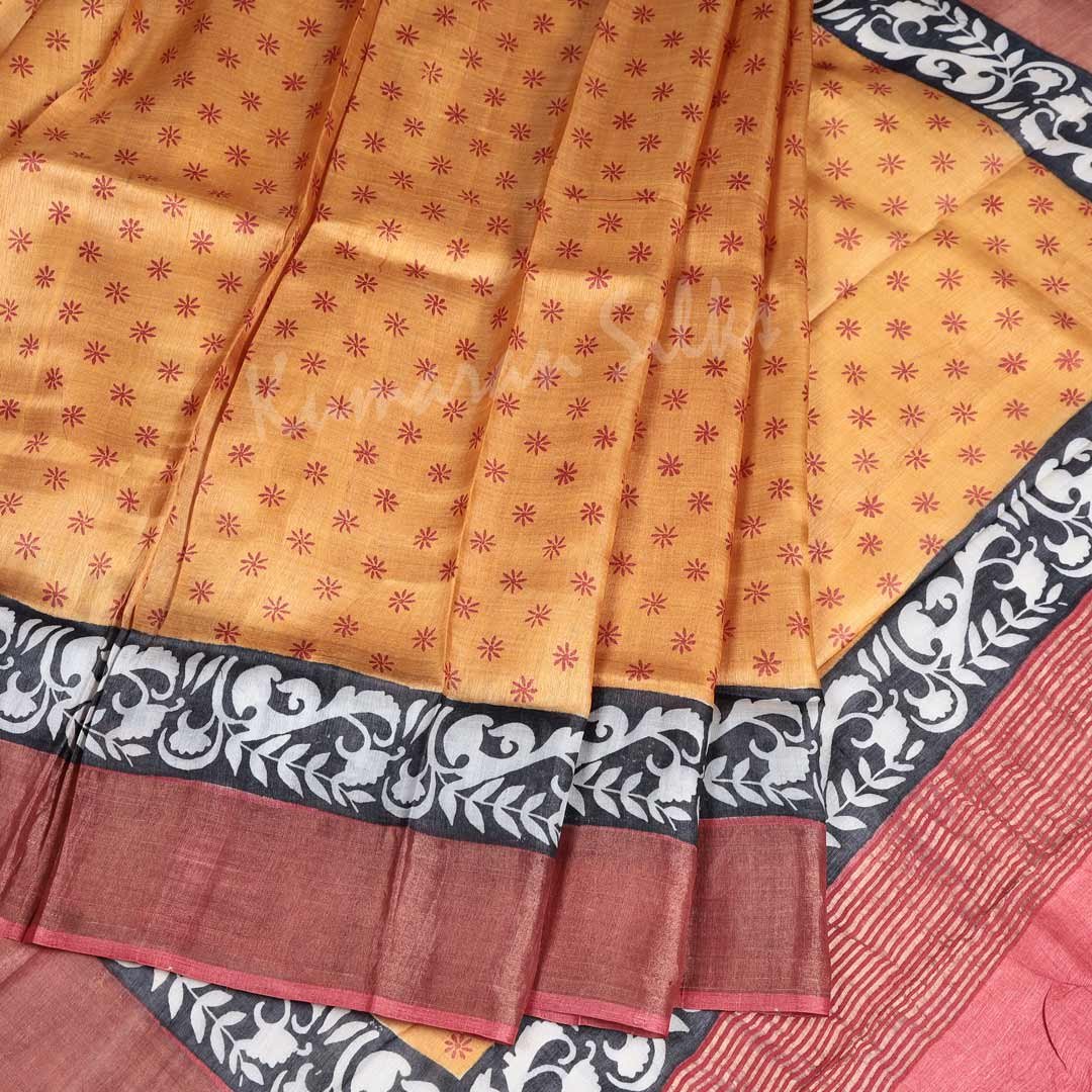 Pure Tussar Mango Yellow Floral Printed Saree 02