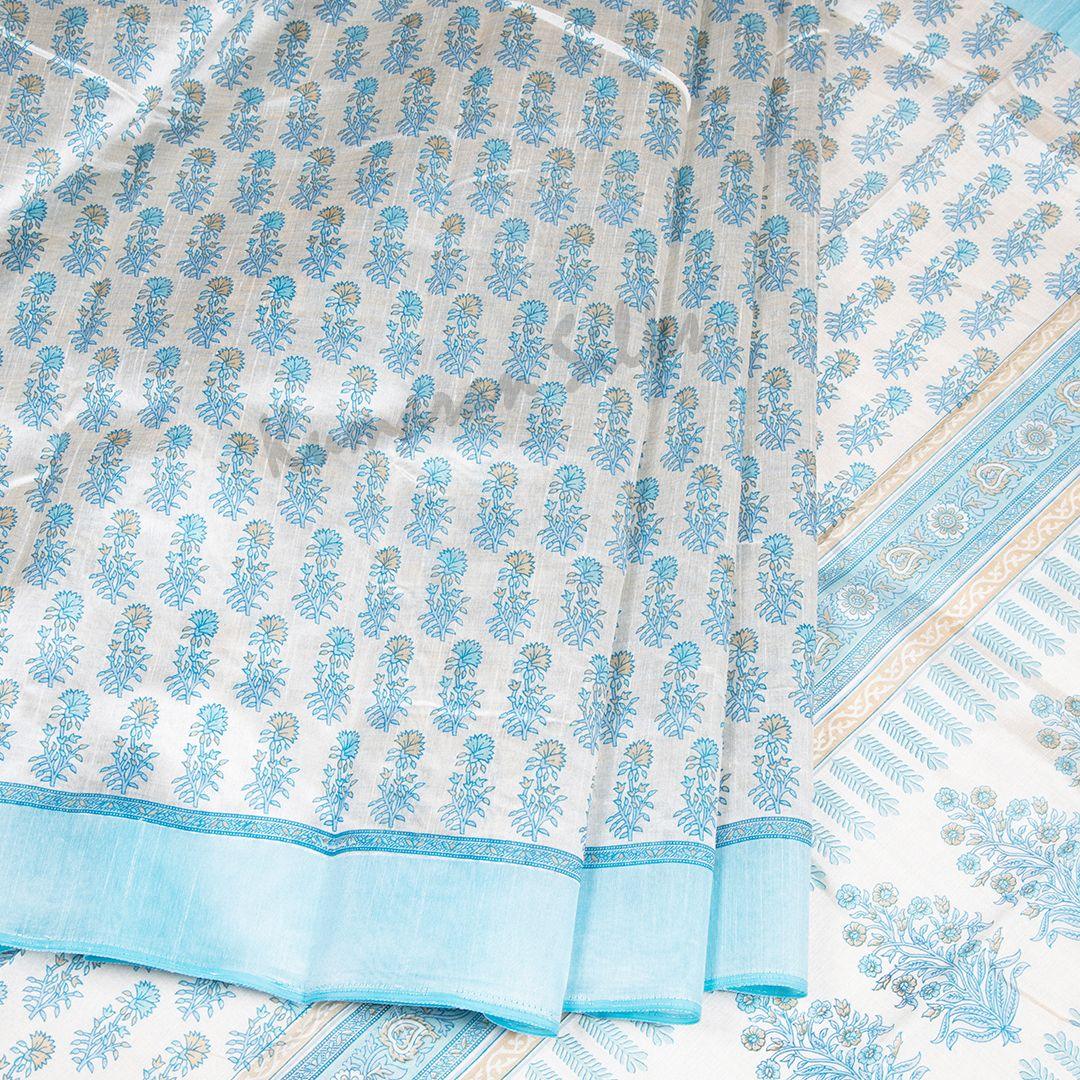 Semi Tussar Cream Printed Saree With Simple Border 07 - Kumaran Silks