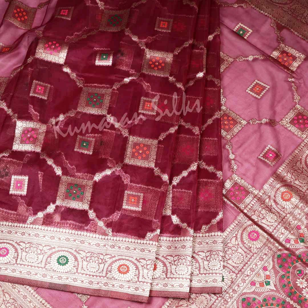 Tissue Dark Pink Zari Worked Saree