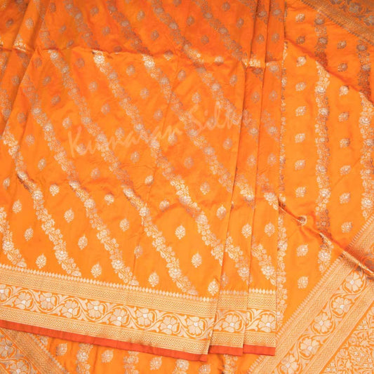 Semi Banaras Orange Saree With Floral Motif - Kumaran Silks