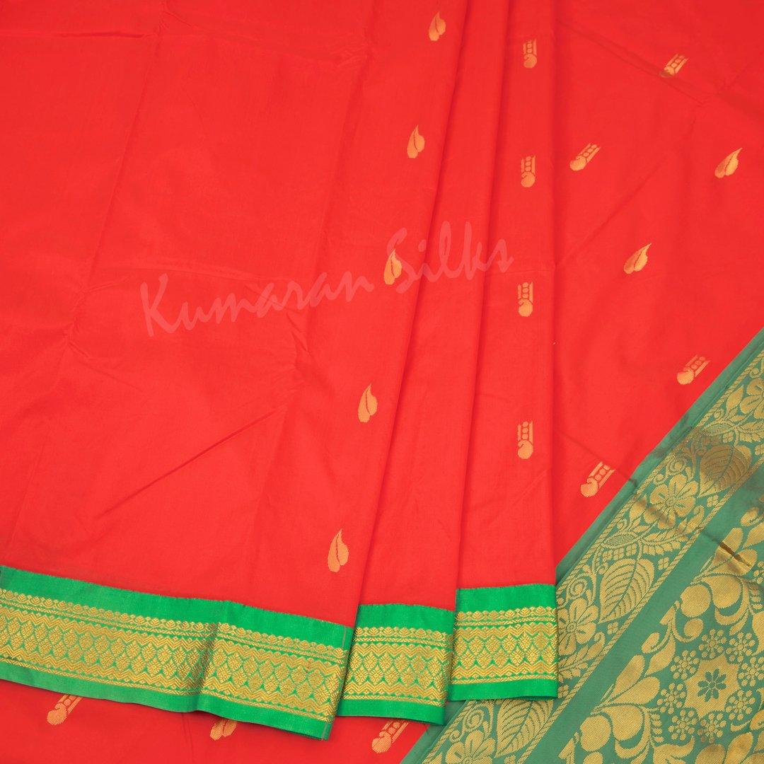 Art Silk Ferrari Red Saree With Small Buttas And Contrast Border - Kumaran Silks