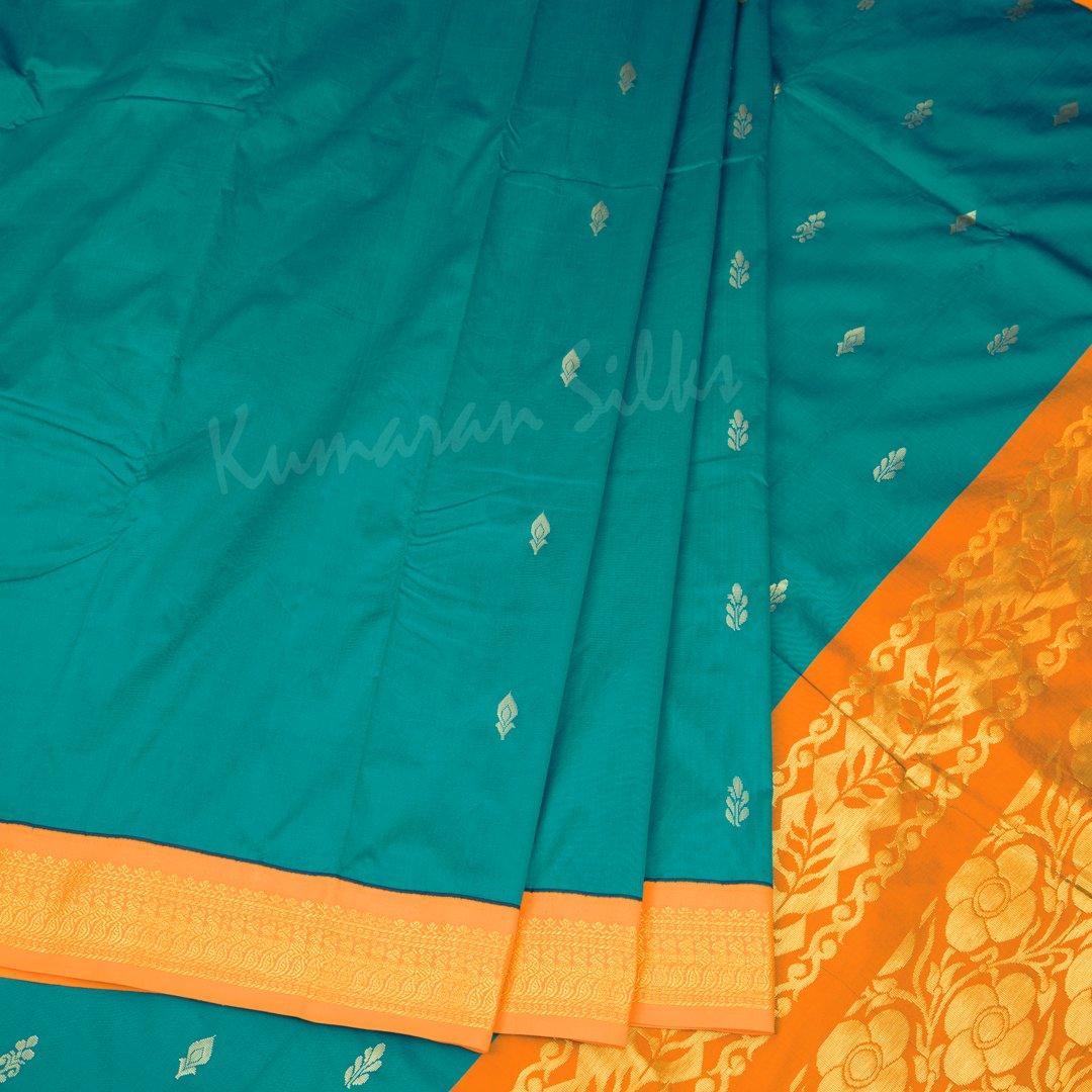 Art Silk Peacock Green Saree With Small Buttas And Contrast Border 02 - Kumaran Silks