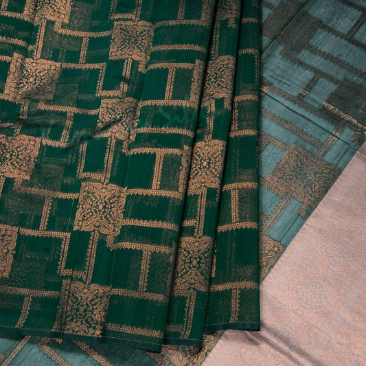 Silk Cotton Dark Green Zari Worked Boderless Saree - Kumaran Silks