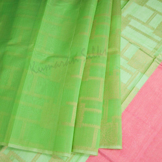 Silk Cotton Parrot Green Zari Worked Boderless Saree - Kumaran Silks