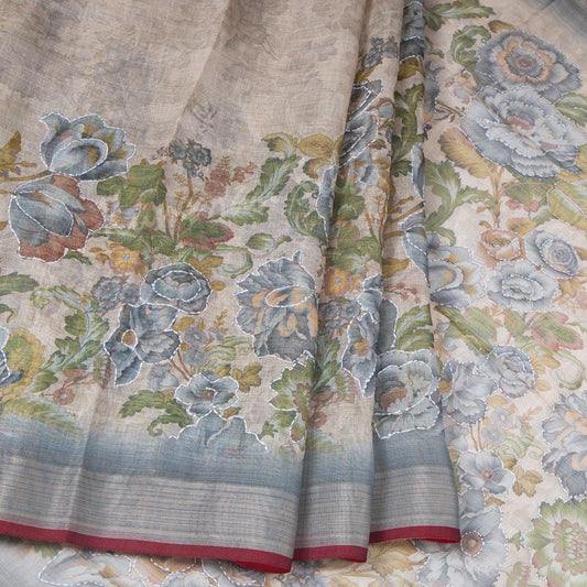 Semi Linen Cream Floral Printed Saree 02 - Kumaran Silks