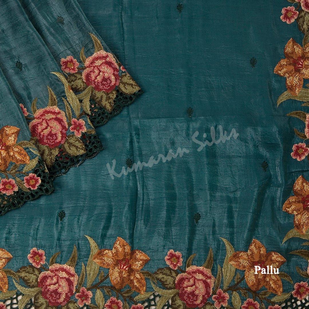 Organza Teal Green Saree With Thread Embroidered Work - Kumaran Silks