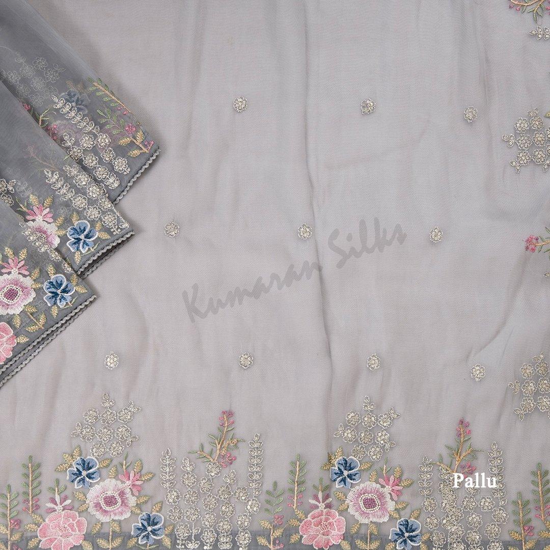 Organza Grey Saree With Thread Embroidered Work - Kumaran Silks