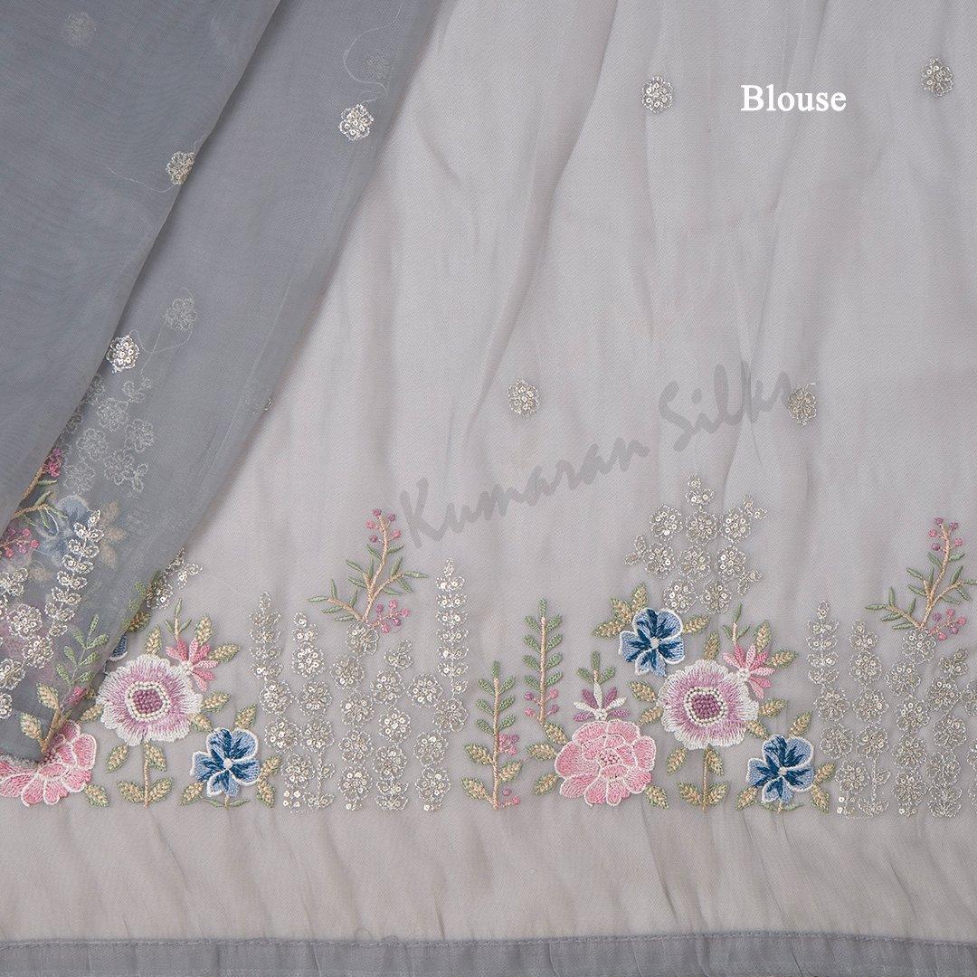 Organza Grey Saree With Thread Embroidered Work - Kumaran Silks