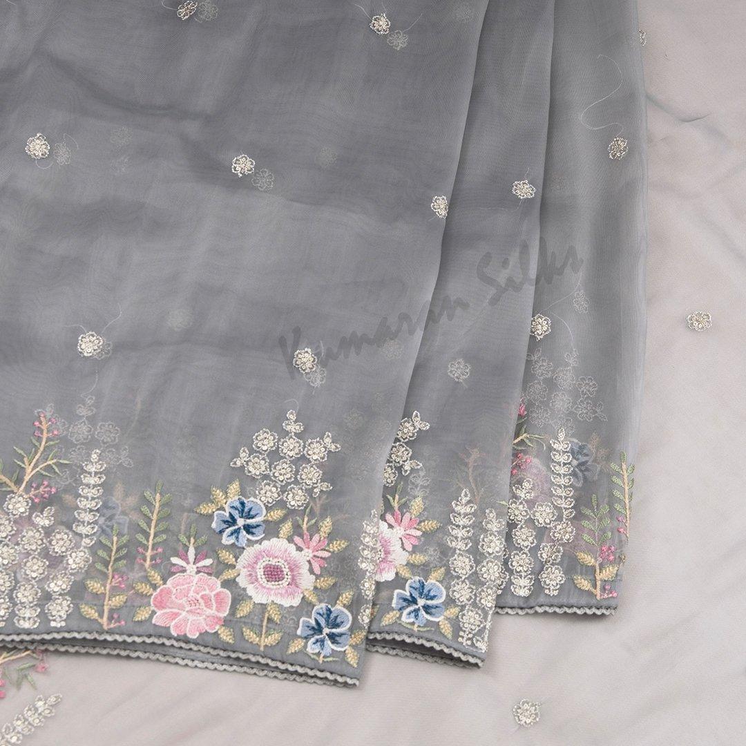 Organza Grey Saree With Thread Embroidered Work - Kumaran Silks