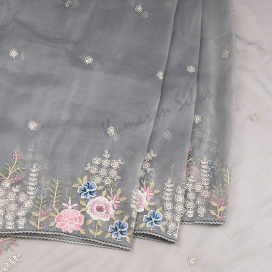 Organza Grey Saree With Thread Embroidered Work - Kumaran Silks