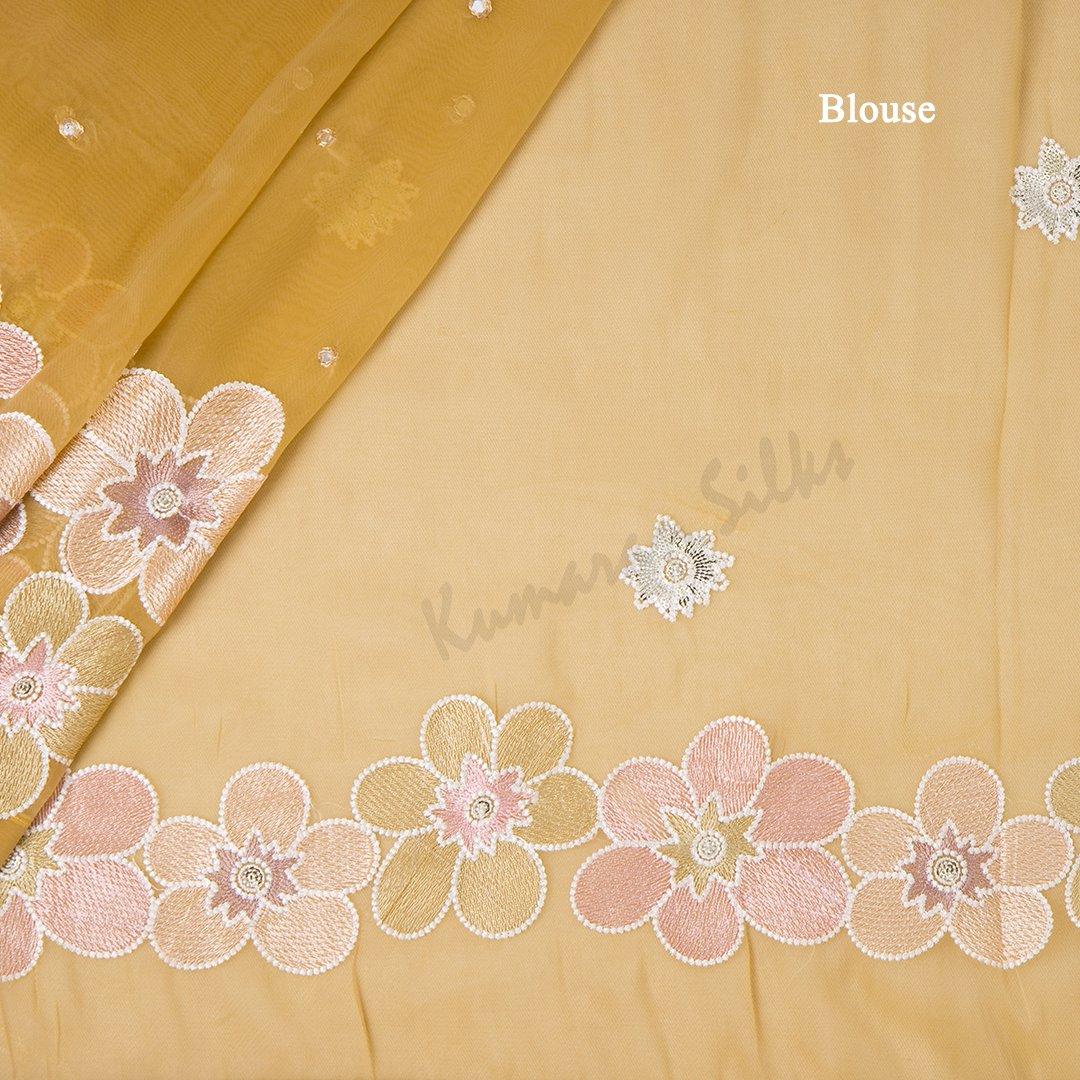 Organza Golden Yellow Saree With Thread Embroidered Work - Kumaran Silks