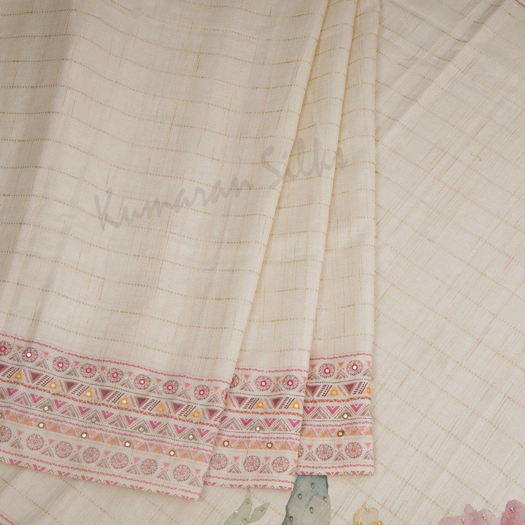 Semi Raw Silk Cream Striped Saree - Kumaran Silks