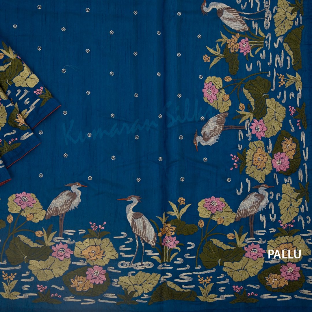 Semi Raw Silk Dark Blue Saree With Thread Embroidered Work - Kumaran Silks