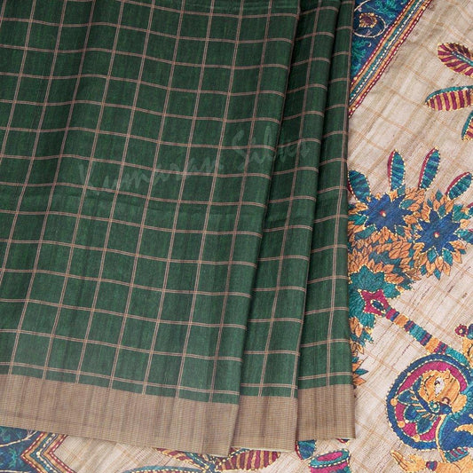 Semi Linen Green Checked Saree - Kumaran Silks