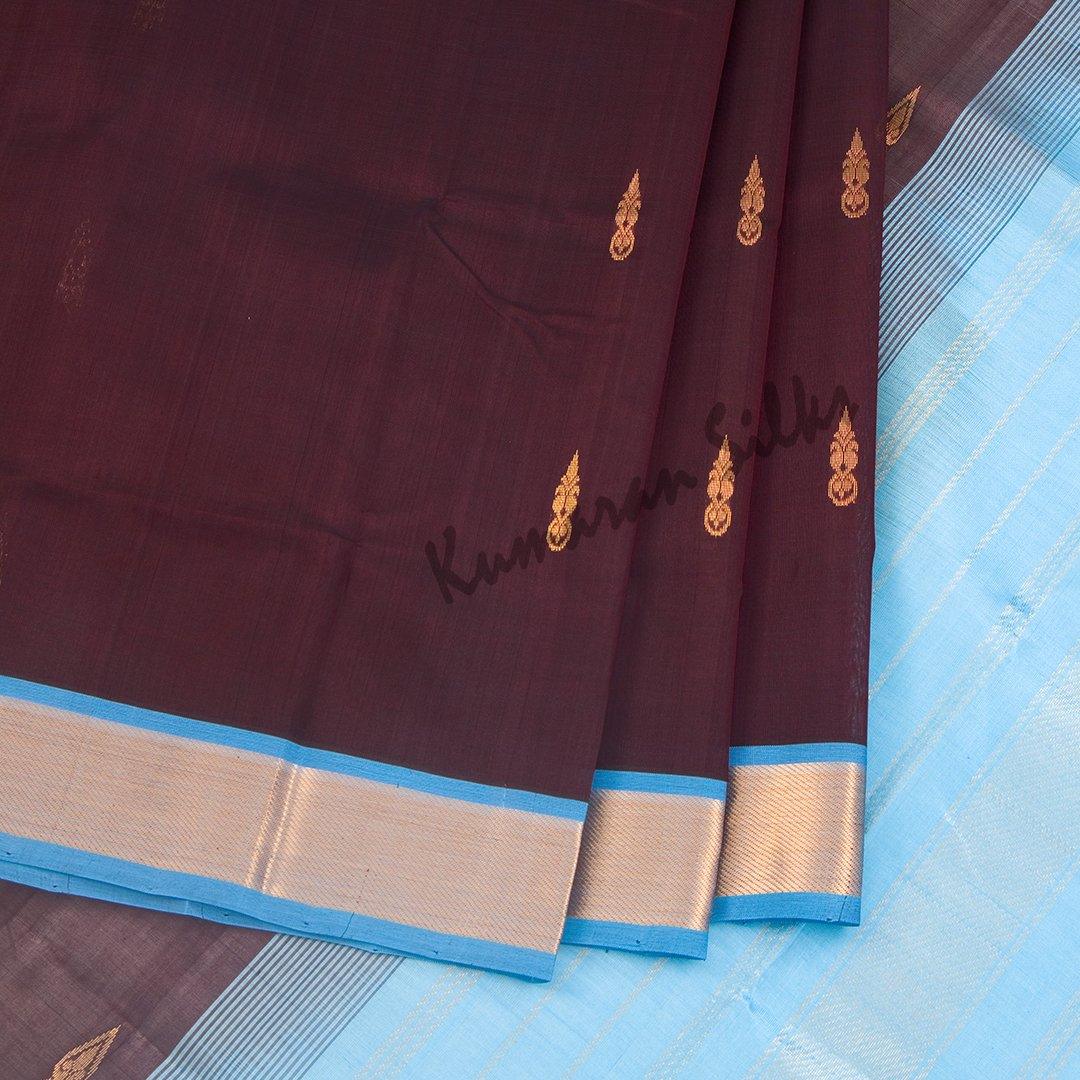 Amirthavarshini Silk Cotton Dark Brown Saree With Zari Buttas