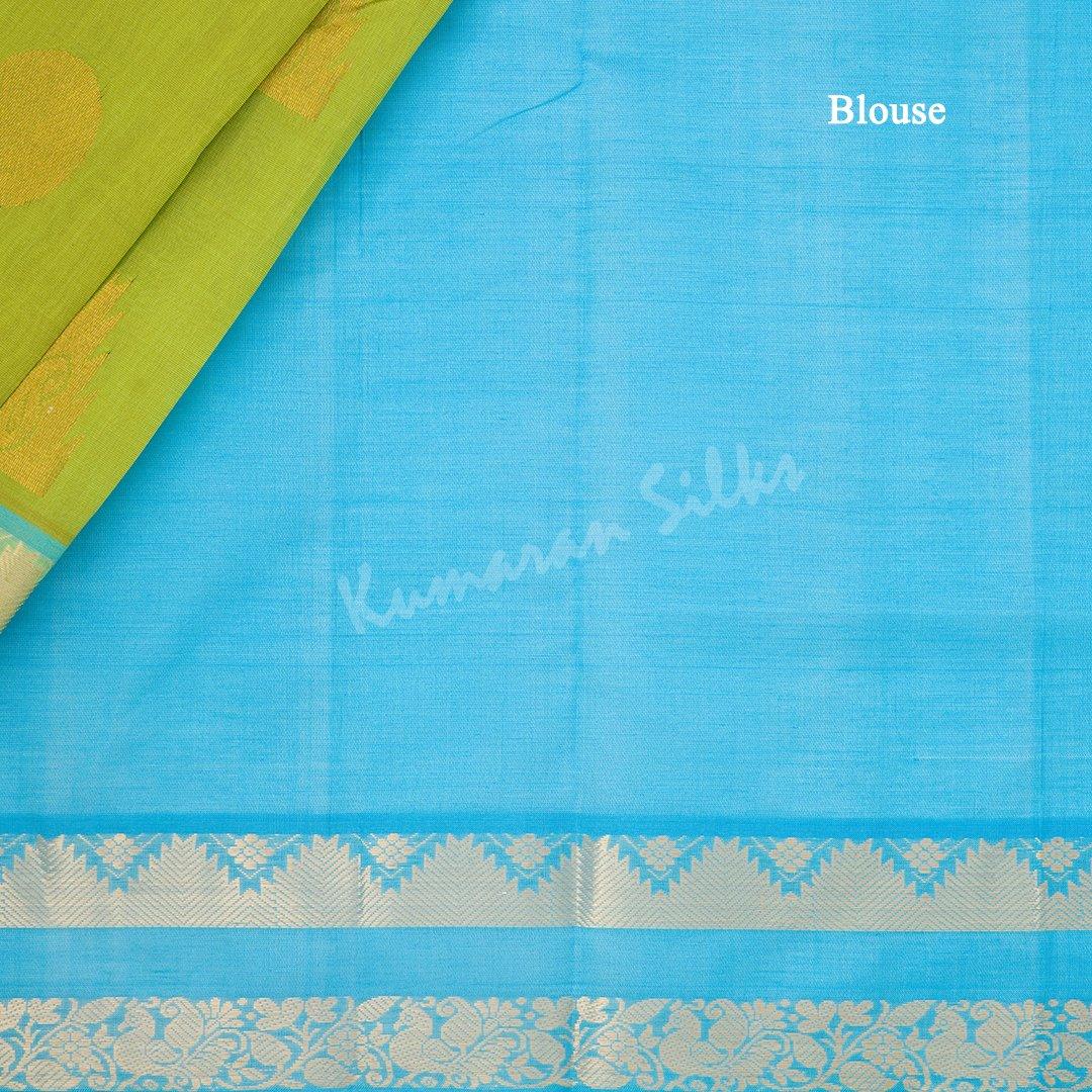 Amirthavarshini Silk Cotton Parrot Green Saree With Zari Buttas