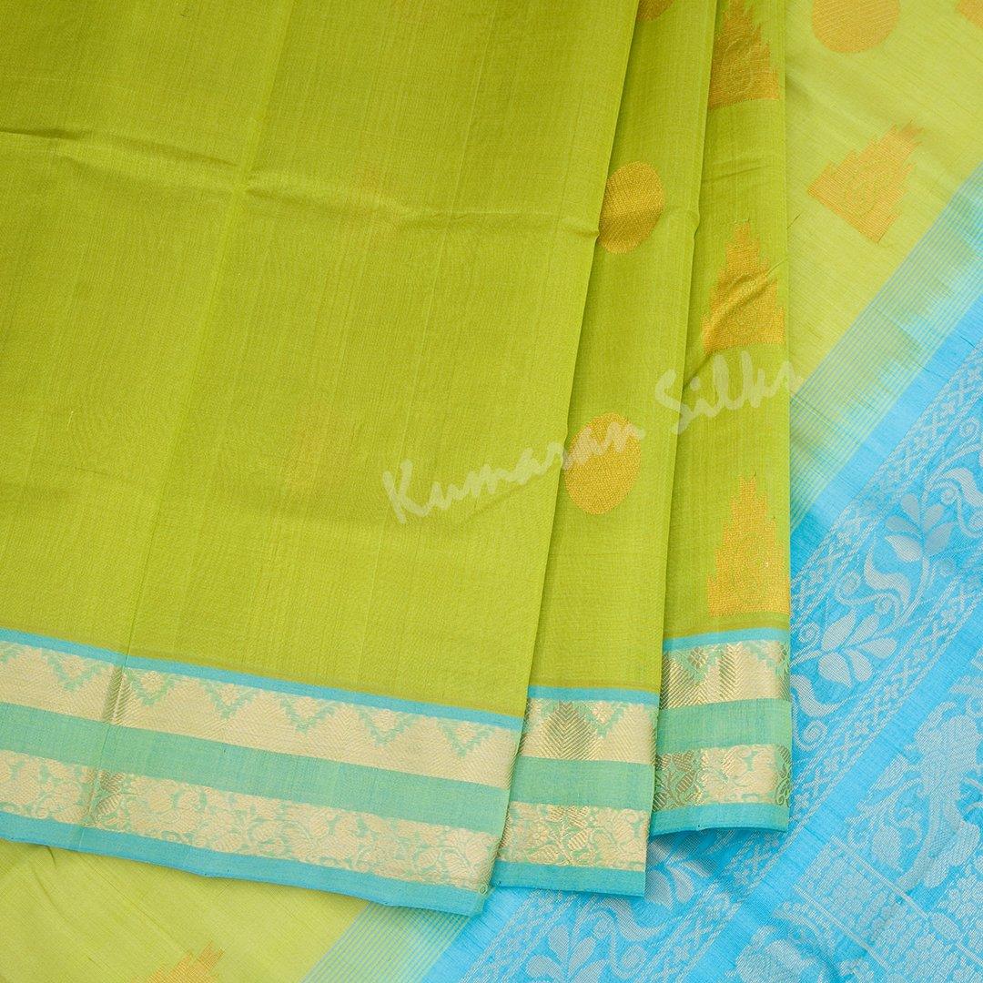 Amirthavarshini Silk Cotton Parrot Green Saree With Zari Buttas