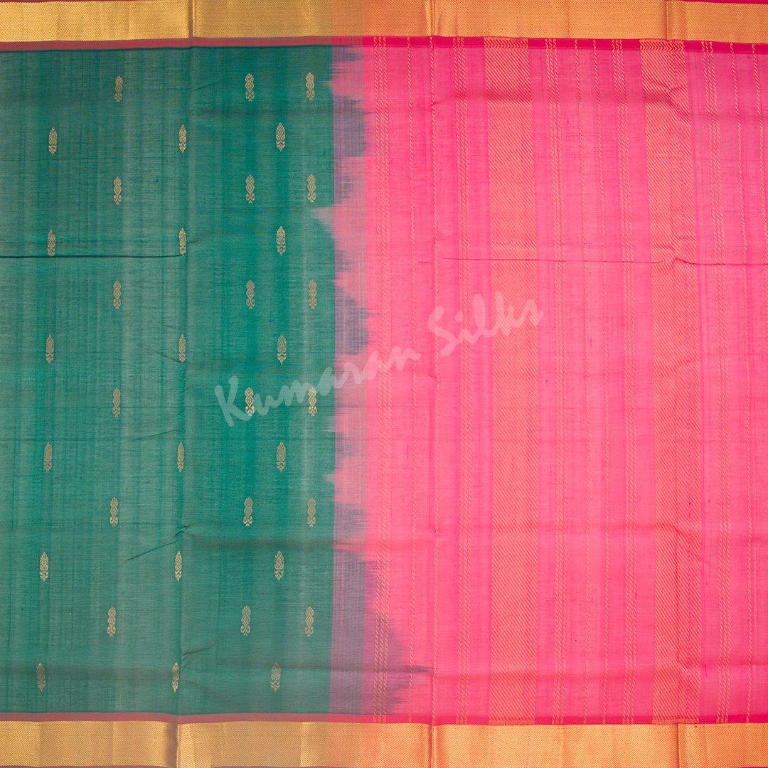 Amirthavarshini Silk Cotton Peacock Green Saree With Zari Buttas