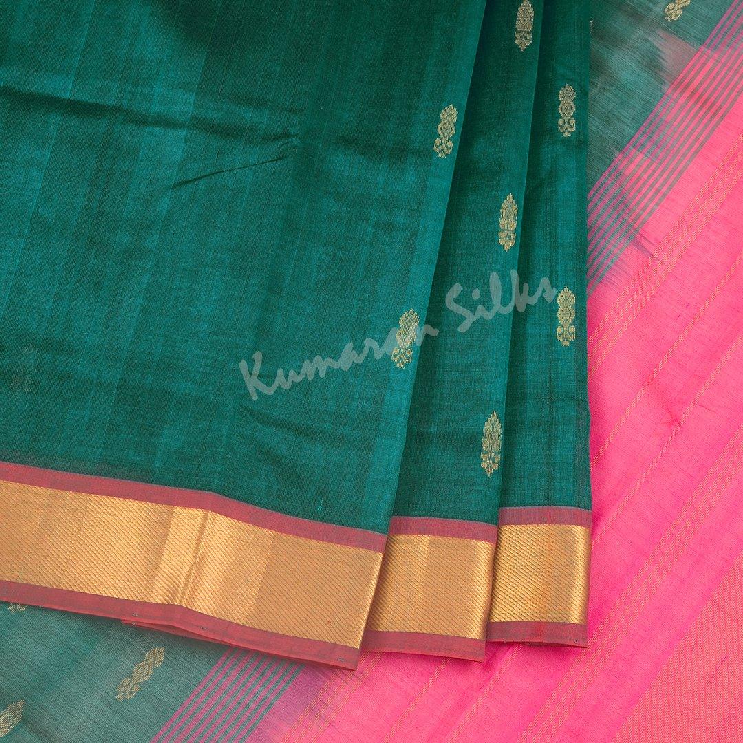 Amirthavarshini Silk Cotton Peacock Green Saree With Zari Buttas