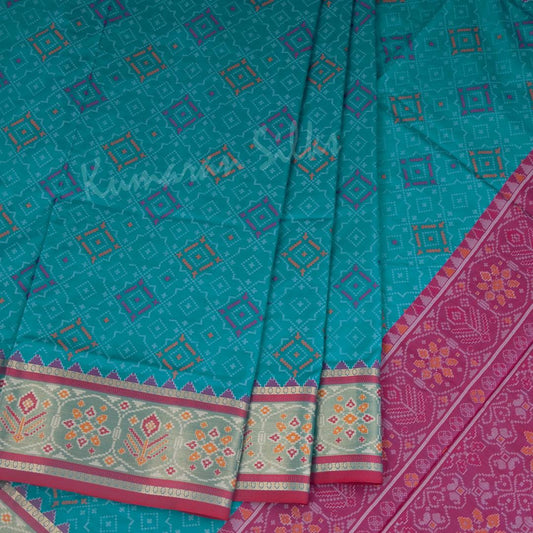 Semi Banaras Peacock Blue Ikkat Printed Saree 02