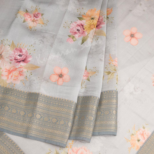 Soft Organza Grey Printed Saree