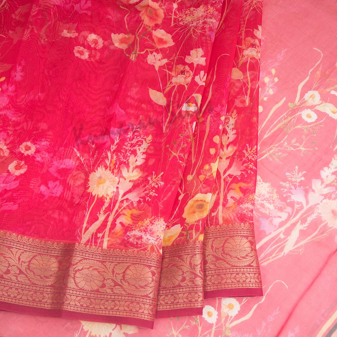 Silk Viscose Dark Pink Floral Printed Saree - Kumaran Silks