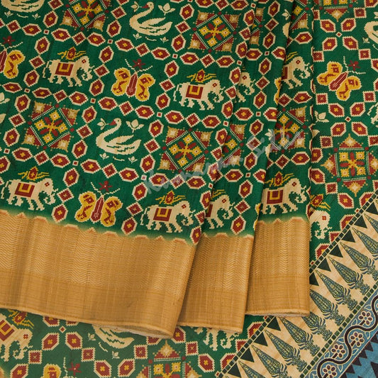 Semi Raw Silk Dark Green Printed Saree