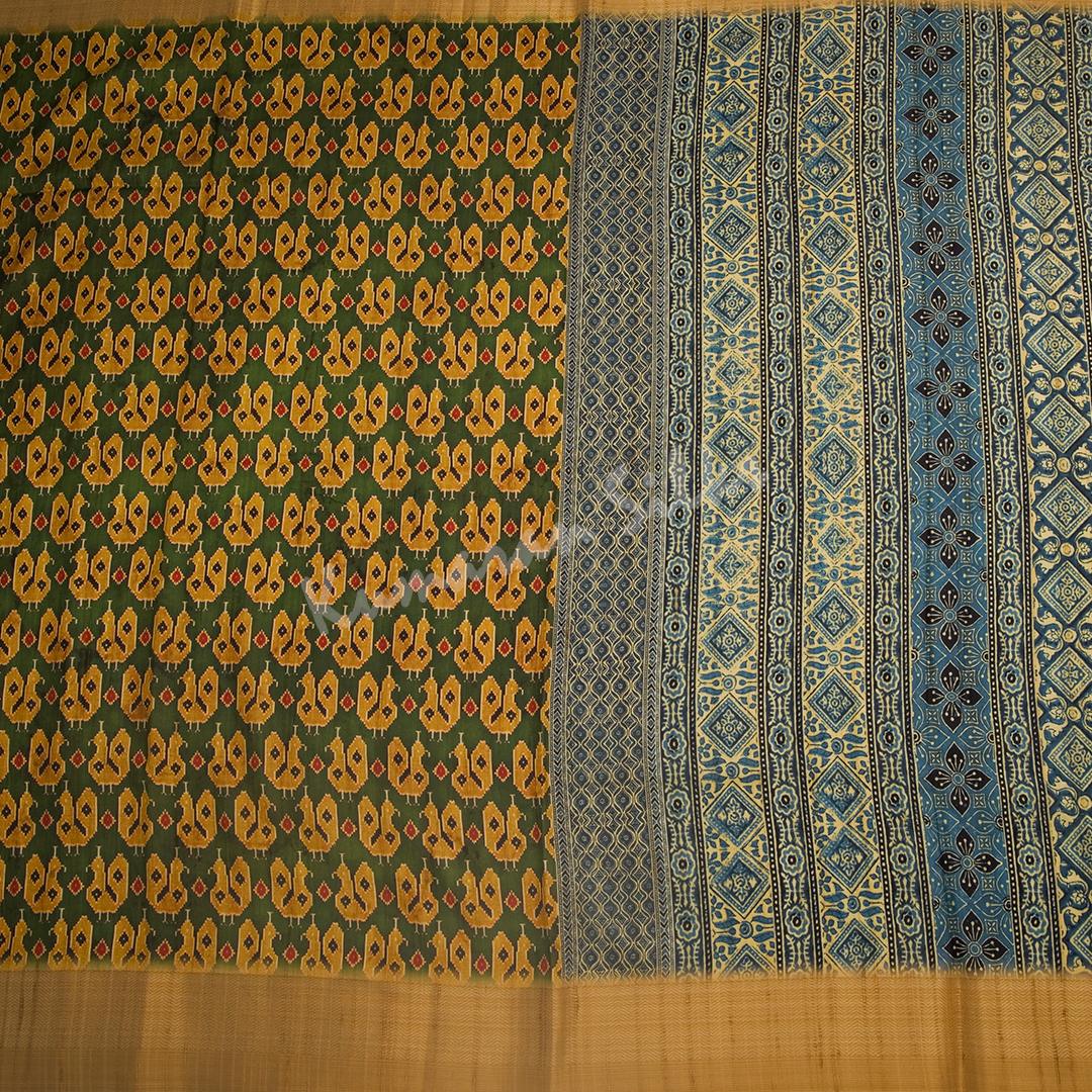 Semi Raw Silk Olive Green Printed Saree - Kumaran Silks