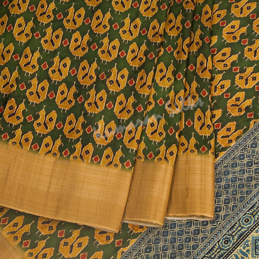 Semi Raw Silk Olive Green Printed Saree - Kumaran Silks