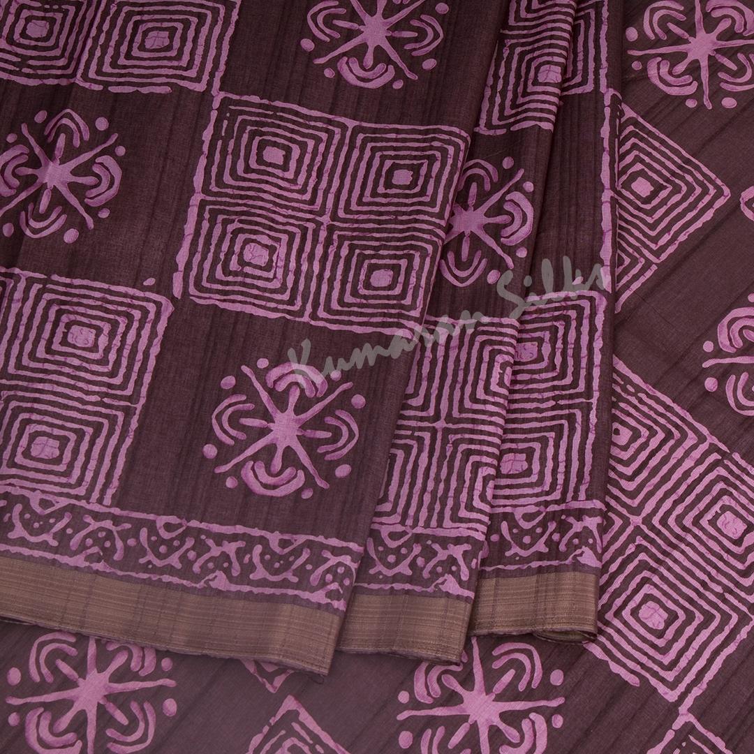 Semi Raw Silk Dark Brown Printed Saree