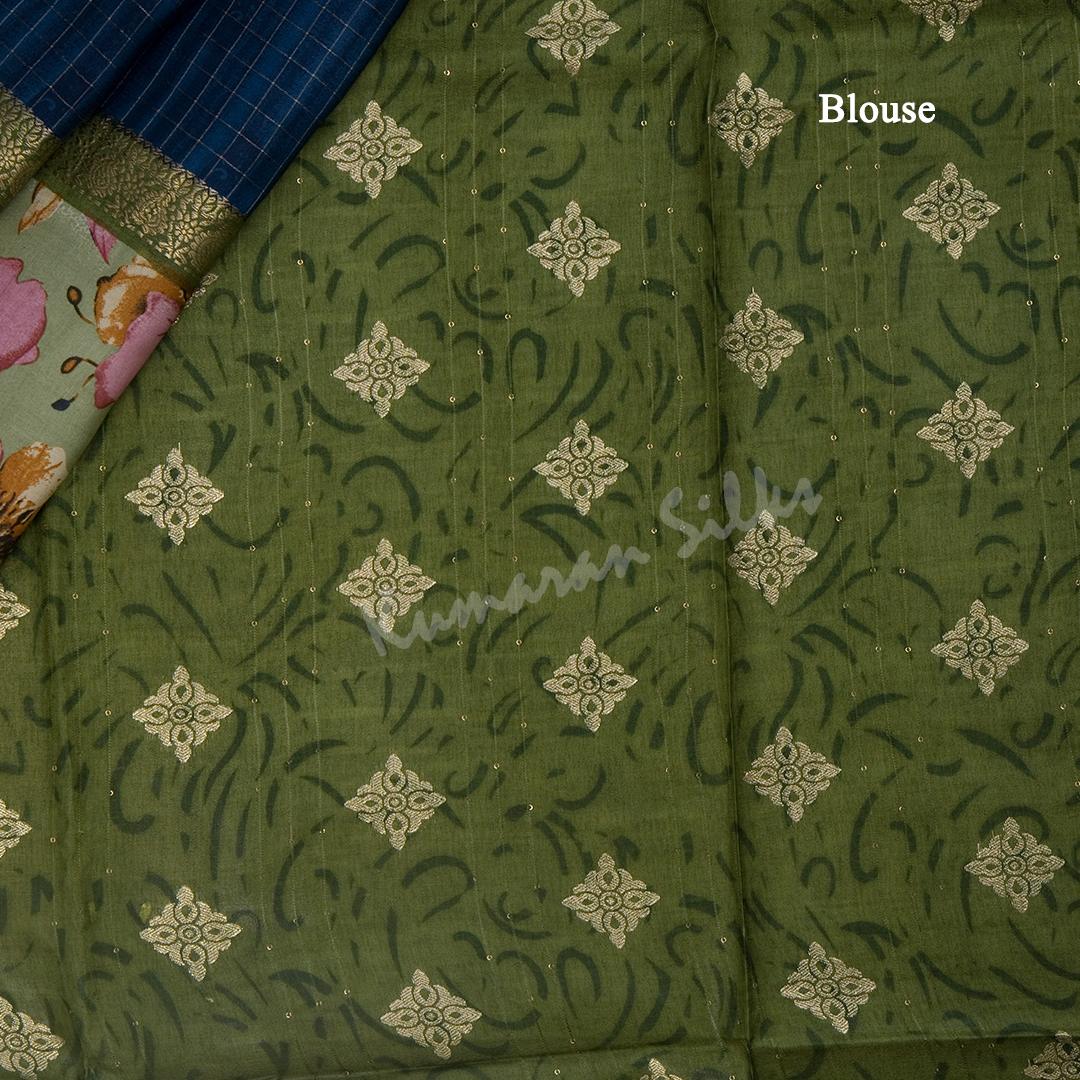 Semi Raw Silk Navy Blue Micro Checked Saree