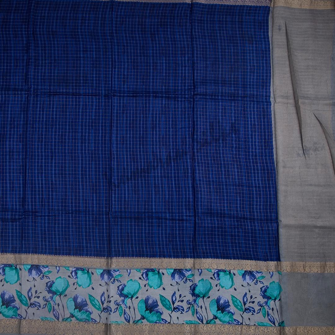 Semi Raw Silk Dark Blue Printed Saree