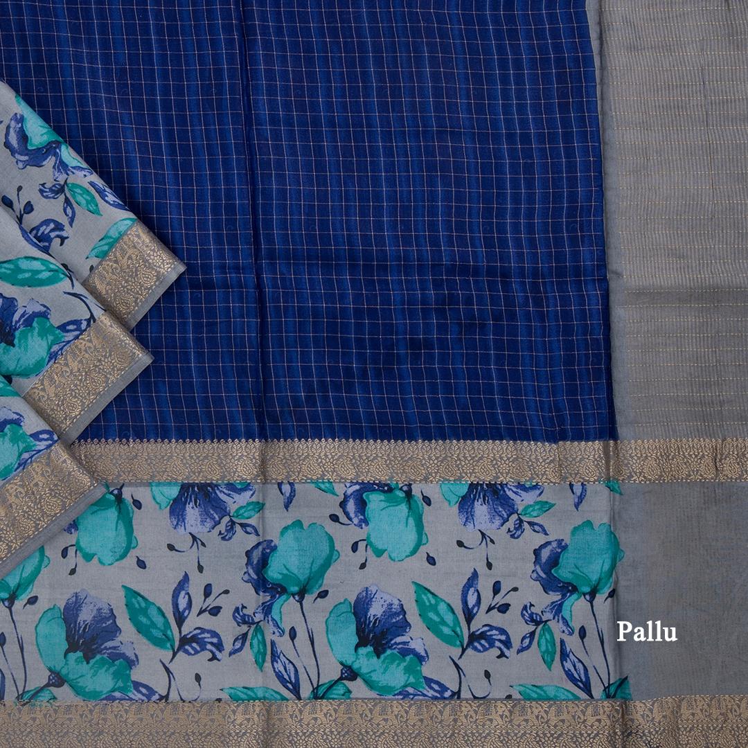 Semi Raw Silk Dark Blue Printed Saree