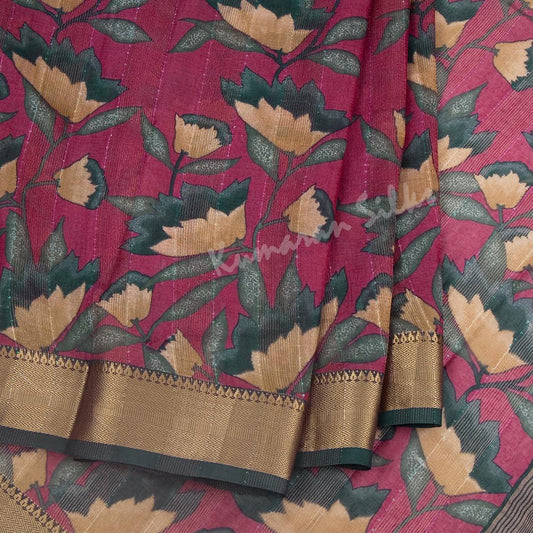 Semi Raw Silk Dark Pink Floral Printed Saree