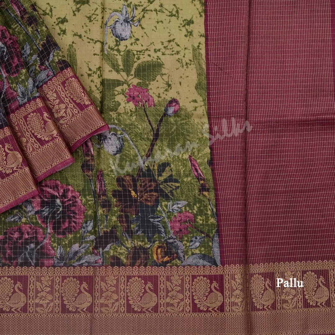 Semi Raw Silk Lime Green Floral Printed Saree