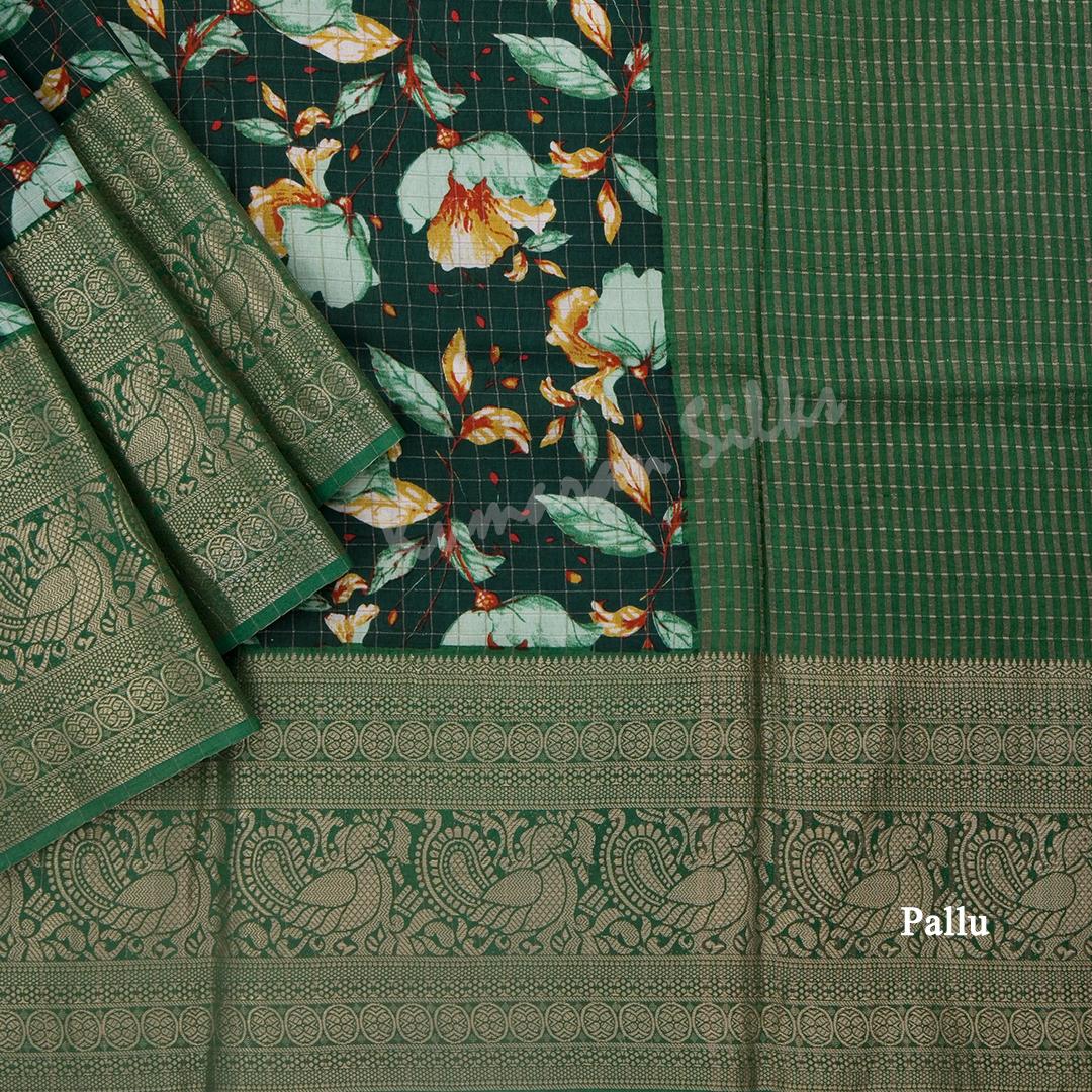 Semi Raw Silk Dark Green Floral Printed Saree