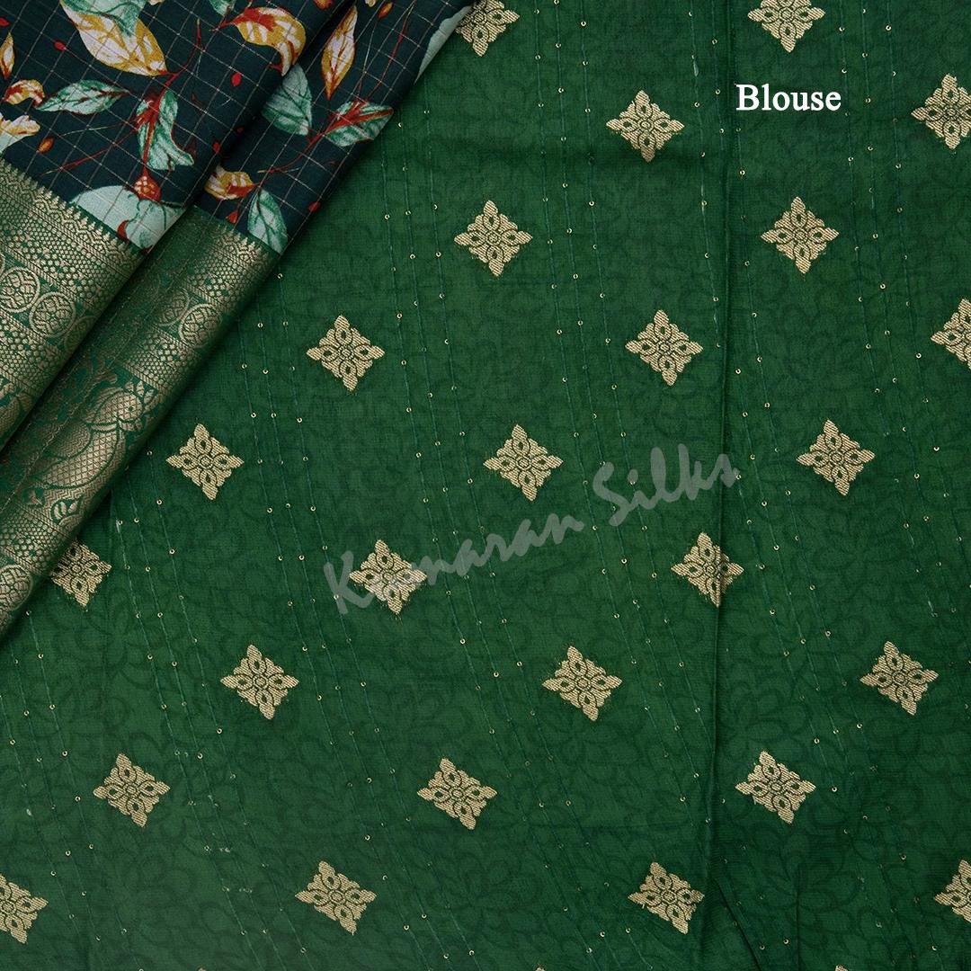 Semi Raw Silk Dark Green Floral Printed Saree