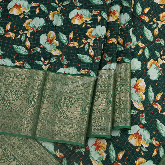 Semi Raw Silk Dark Green Floral Printed Saree