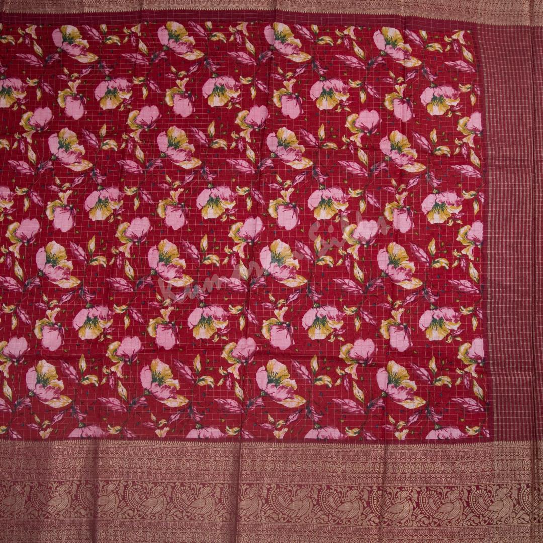 Semi Raw Silk Red Floral Printed Saree