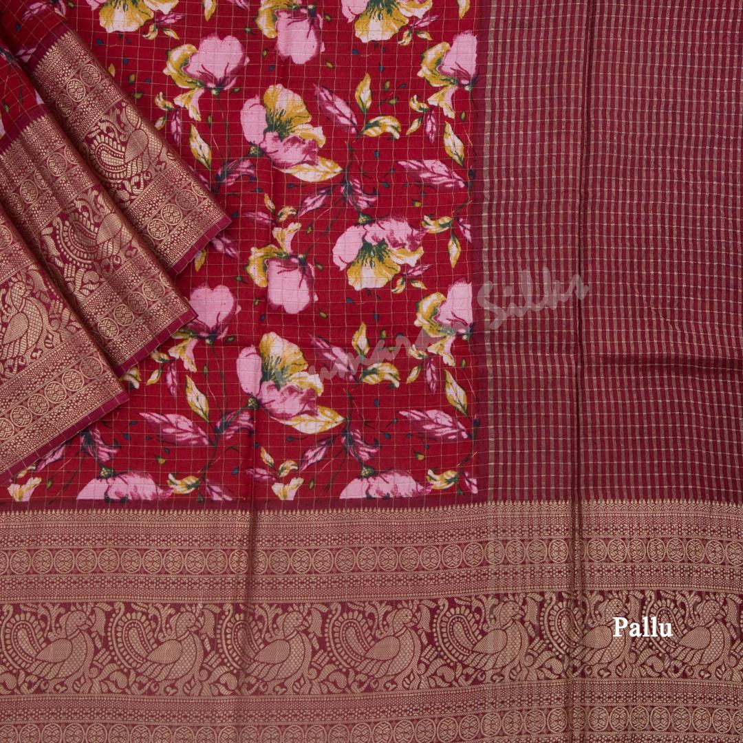 Semi Raw Silk Red Floral Printed Saree