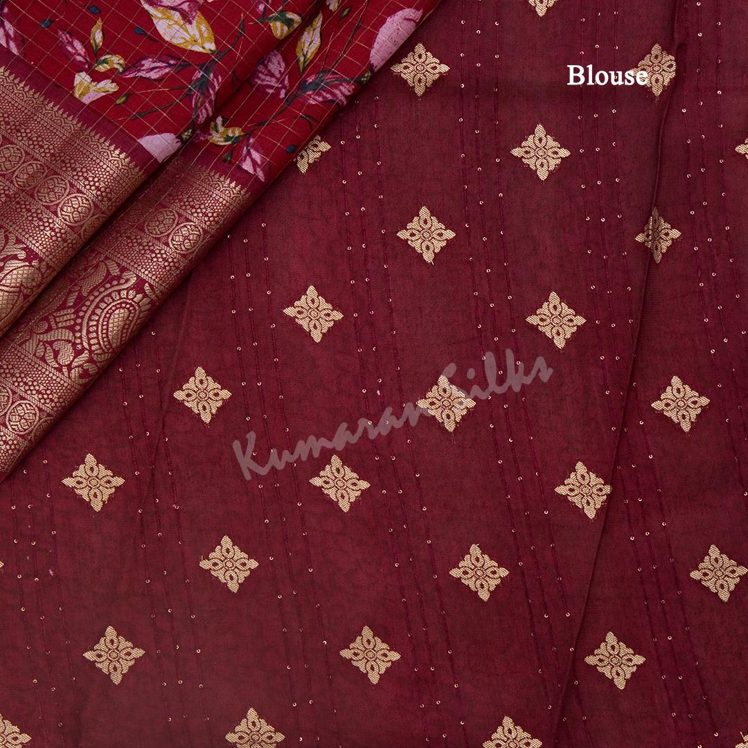 Semi Raw Silk Red Floral Printed Saree