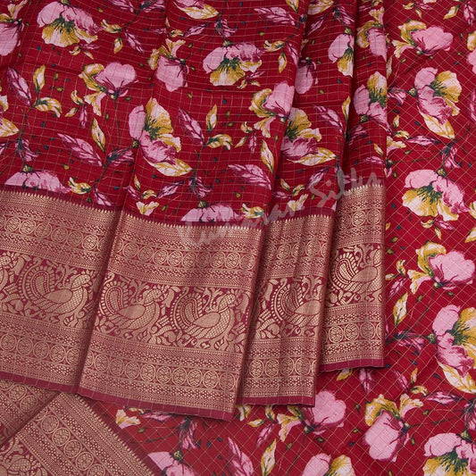 Semi Raw Silk Red Floral Printed Saree